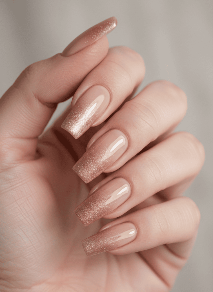 Nude-to-Rose-Gold Shimmer Coffin Nails