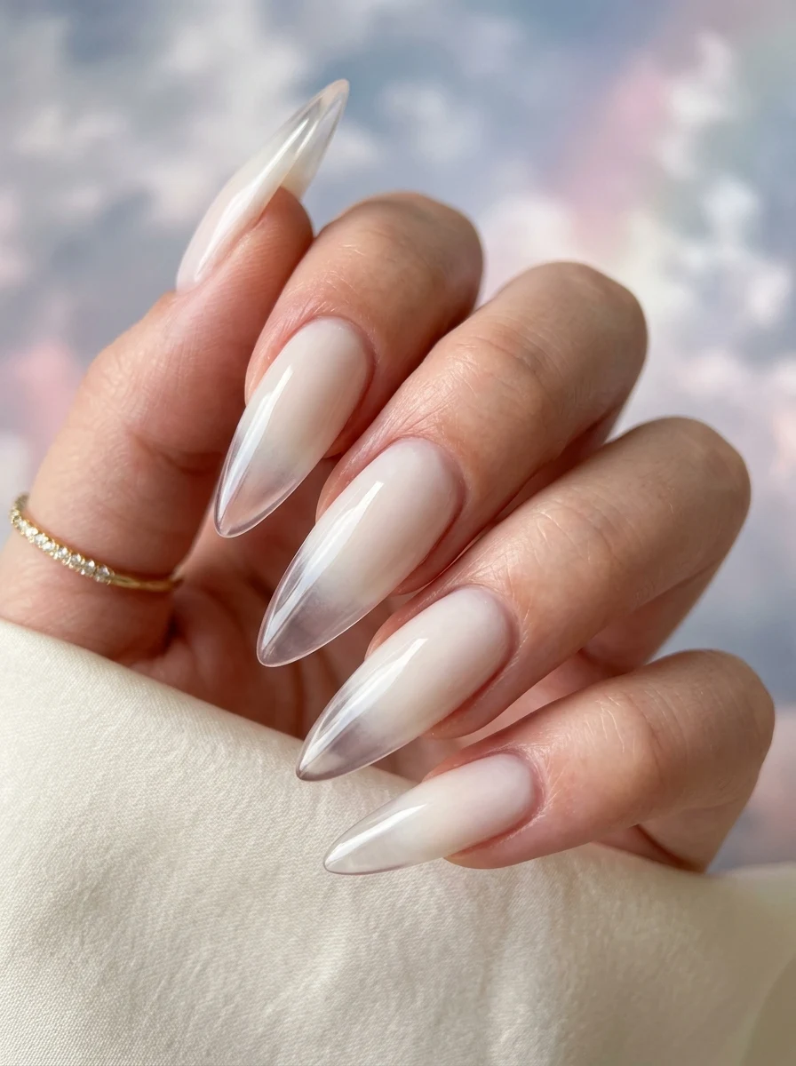 Milky White Ombre Nails Fading into Sheer