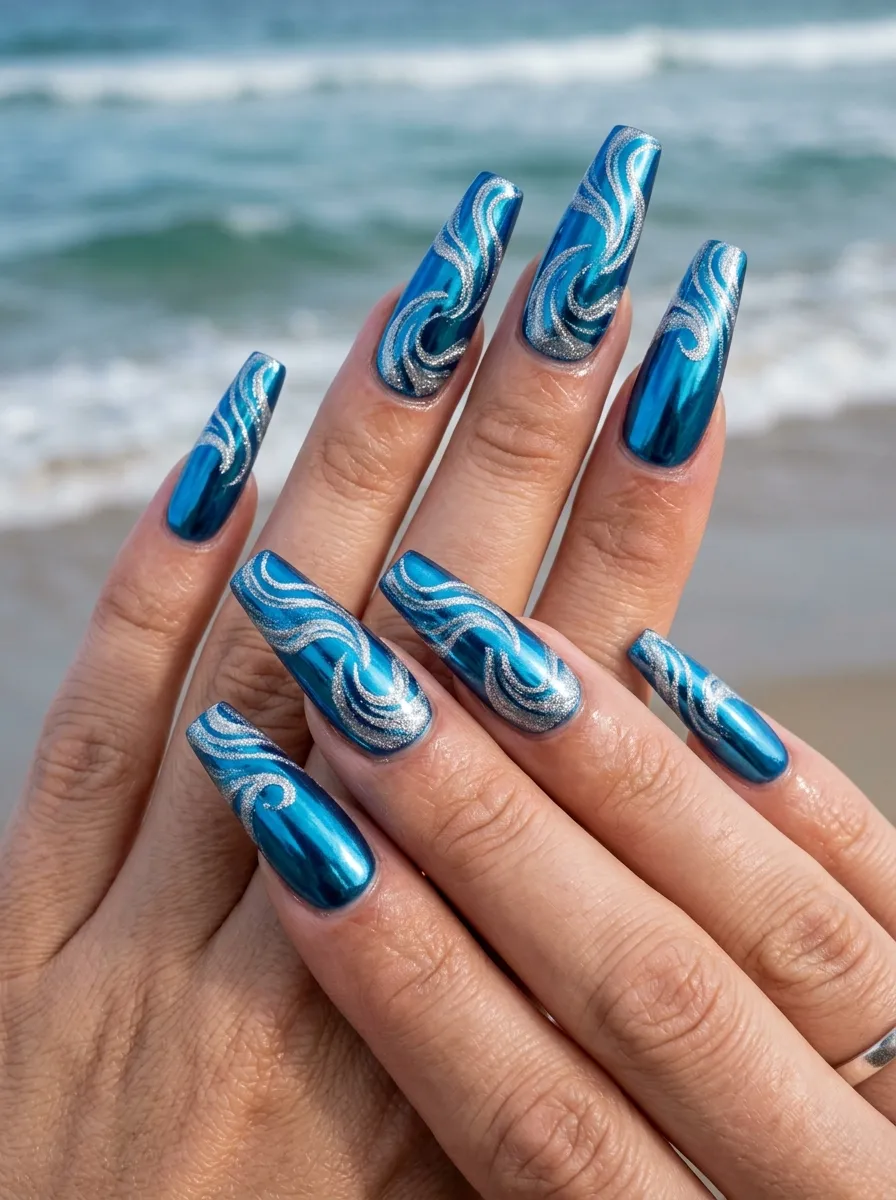 Ocean Wave Chrome Nails