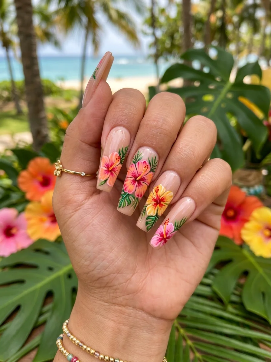 Tropical Floral Coffin Nails
