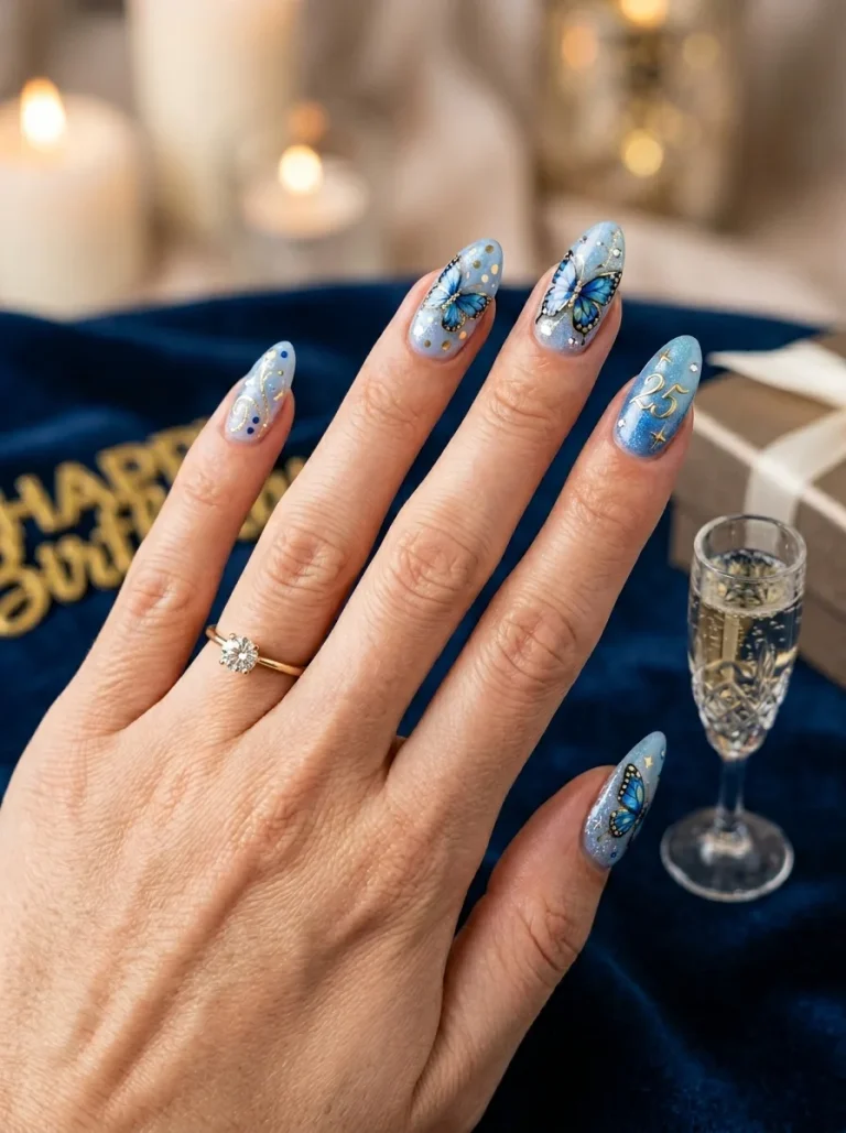 Blue Butterfly Birthday Nails