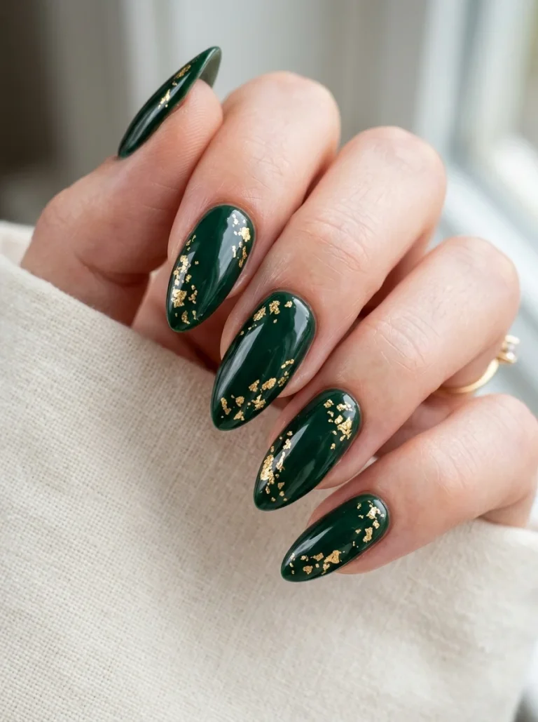 Dark Green Almond Nails with Foiled Accents