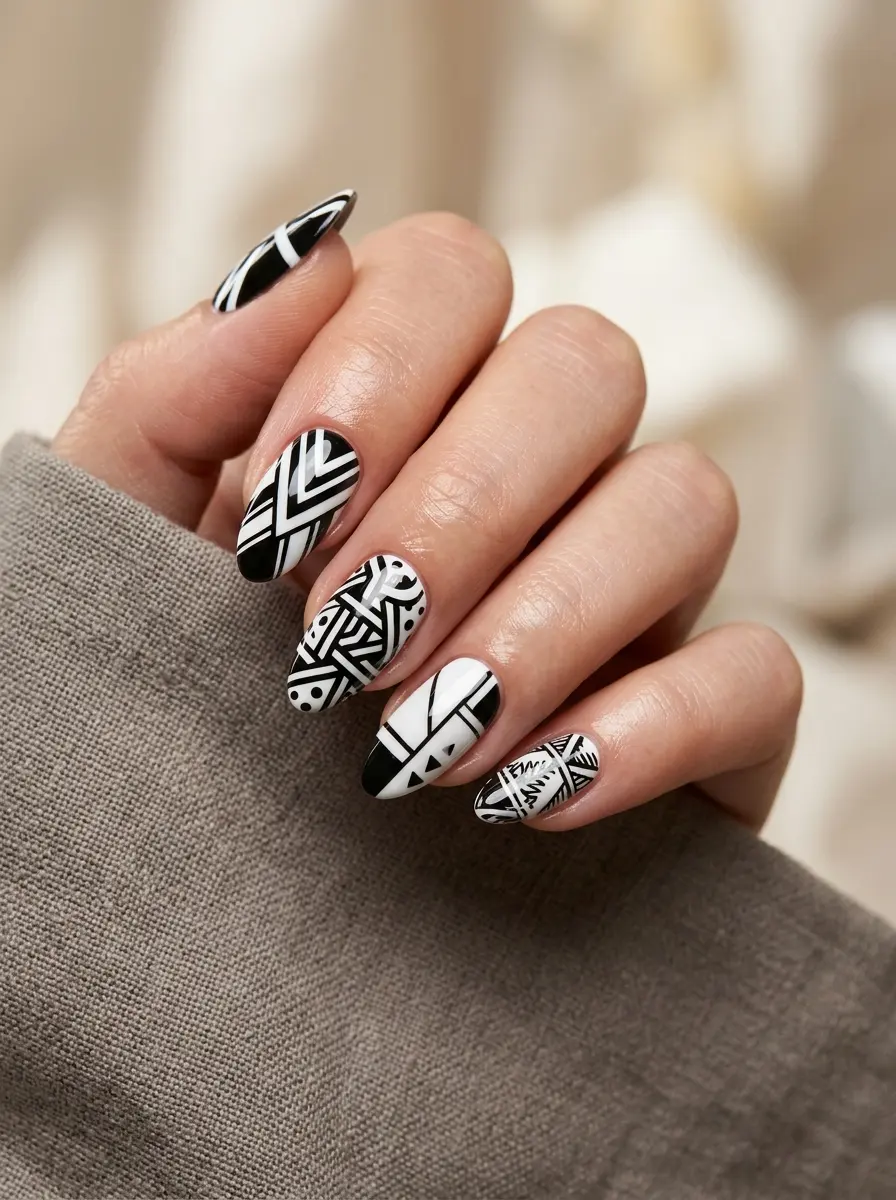 Graphic Black and White Nails