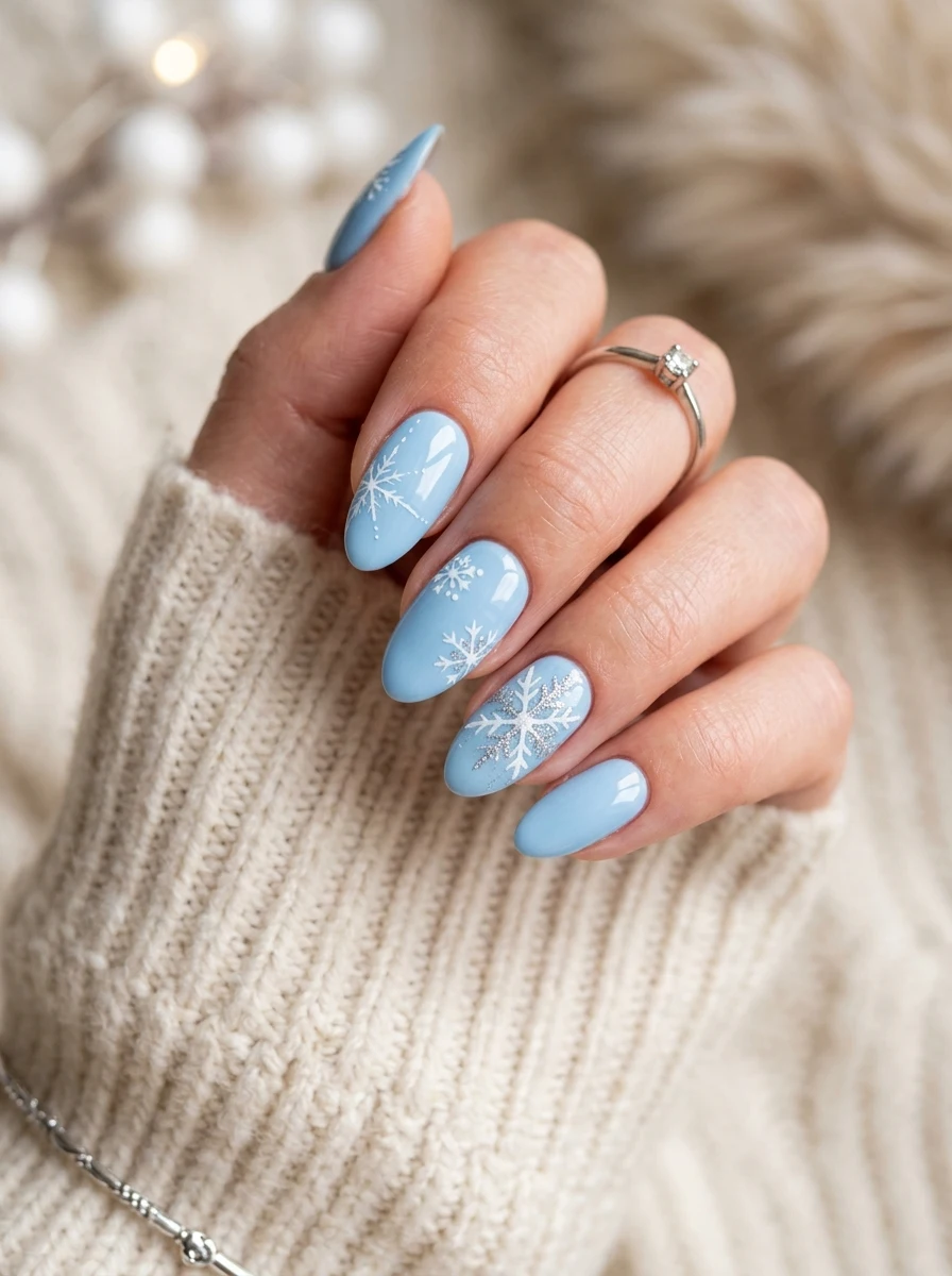Light Blue Winter Nails With Snowflake Accents