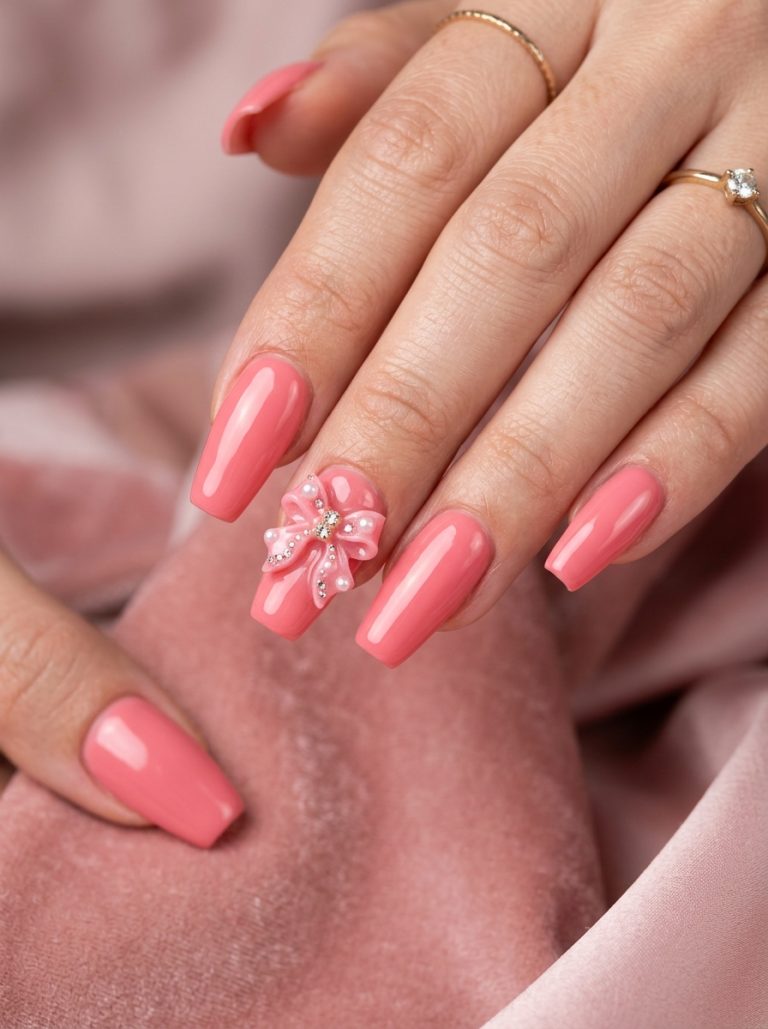 Pink Acrylic Nails With 3D Bow